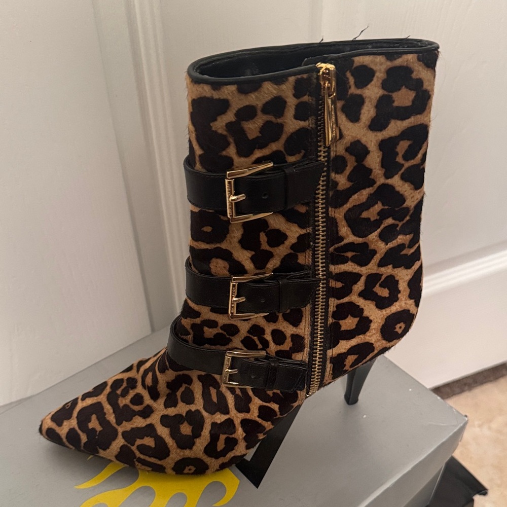 Michael Kors Leopard Print Heeled Boots with Black Straps